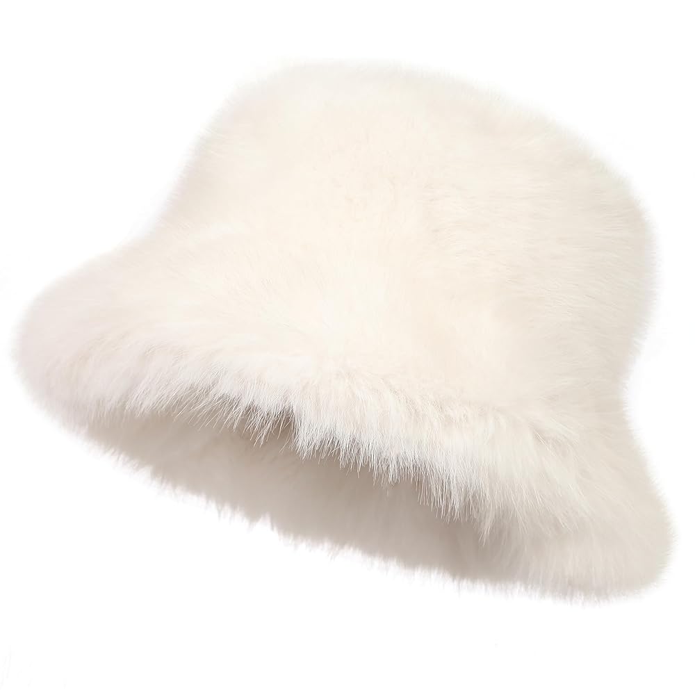 LA CARRIE Women's Faux Fox Fur Bucket Hat and Wrist Cuffs